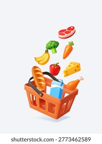 3D illustration of assorted groceries like vegetables, bread, eggs, milk, and cheese falling into a shopping basket, symbolizing retail and food purchase. 3d rendering. Vector illustration