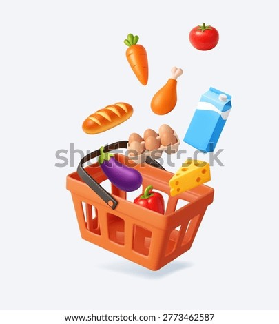 3D illustration of assorted groceries like vegetables, bread, eggs, milk, and cheese falling into a shopping basket, symbolizing retail and food purchase. 3d rendering. Vector illustration