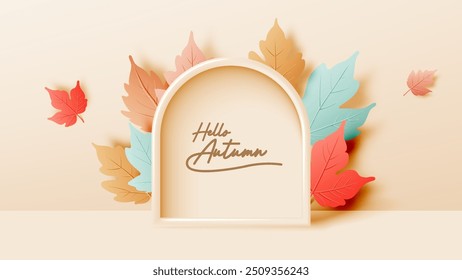 3D illustration of autumn leaves in soft pastel shades of teal, orange, and pink, layered artistically against a matching soft peach background. The image exudes a calm and serene autumnal atmosphere.