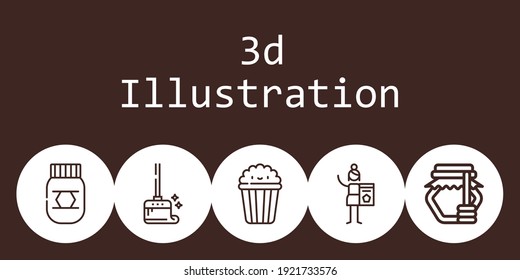 3d concepto de fondo de ilustración con iconos de ilustración 3d. Cachorro de maíz, miel, limpiado, carbón vegetal