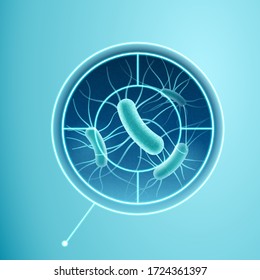 3d illustration of bacteria viewed in cross hair, concept of detecting disease causing microbes, isolated on greenish blue background