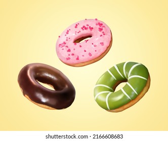 3D Illustration of baked doughnuts including matcha, strawberry, and chocolate flavor floating on yellow background