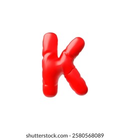 3D Illustration of a balloon in the shape of the letter K. Vector volumetric figure of red color. English alphabet. Theme of the holiday and decoration. Cartoon style. Isolated background.