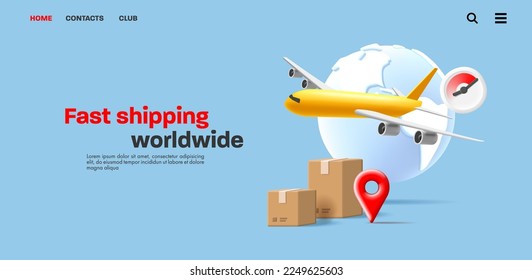 3d illustration banner with carton boxes, air plane and stopwatch with white globe, fast worldwide shipment