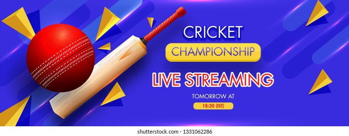 3D Illustration Of Bat With Ball And Abstract Element On Blue Background For Live Streaming Cricket Championship Header Or Banner Design.