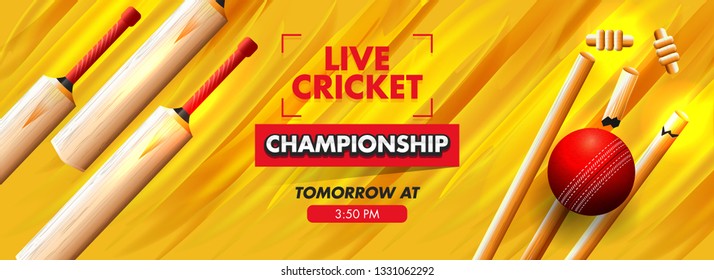 3D Illustration Of Bat With Ball And Wicket Stumps On Glossy Yellow Texture Background For Cricket Championship Header Or Banner Design.