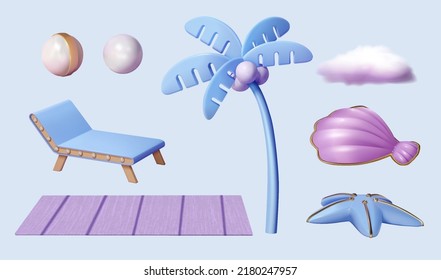 3D Illustration of beach element. Set includes pearls, beach lounger, mat, palm tree, cloud, seashell, and starfish