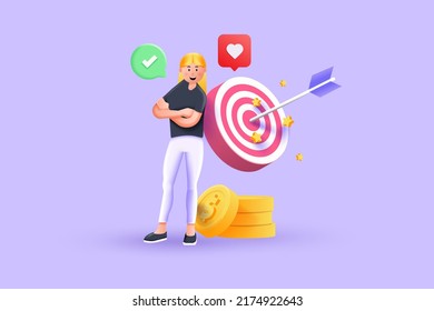 3D illustration of beautiful blonde woman standing next to a huge target with a dart in the center, arrow in bullseye. Objective attainment, reaching goals, business purposes. Vector 3d Illustration