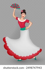 3d illustration of beautiful Female Flamenco dancer. Three dimensional cartoon Woman in a vibrant dress and a flower in hair showcasing dynamic movements. Hispanic heritage.  Fiesta, carnival concept