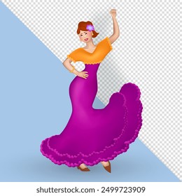 3d illustration of beautiful Female Flamenco dancer. Three dimensional cartoon Woman in a vibrant dress and a flower in hair showcasing dynamic movements. Hispanic heritage, Fiesta, carnival concept