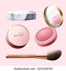 3D illustration of beauty cosmetic elements including blush powder compacts with mirror, make up brush and marble stone podium isolated on light pink background.