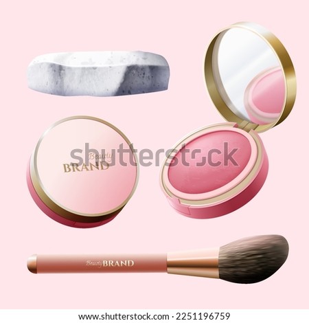 3D illustration of beauty cosmetic elements including blush powder compacts with mirror, make up brush and marble stone podium isolated on light pink background.