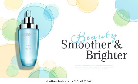 3d illustration of beauty product ad, top view design of circular disks and realistic dropper bottle, simple skincare concept