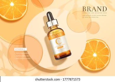 3d illustration of beauty product ad, designed with circular disks, sliced tangerine, and realistic dropper bottle, summer skincare concept - Shutterstock ID 1777871573