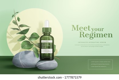 3d illustration of beauty product ad, concept of natural skin care, dropper bottle mock-up on gray stone with Eucalyptus leaves