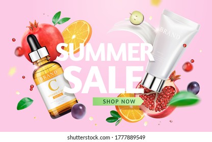 3d illustration of beauty product ad template, concept of natural skin care, bottle mock-ups with pomegranate and tangerine