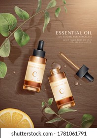 3d illustration of beauty product ad, concept of natural skincare, bottle mock-ups set on dark wooden table with sliced lemon and eucalyptus