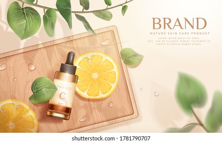 3d illustration of beauty product ad, concept of natural skincare, bottle mock-up set on wooden plate with sliced lemon and eucalyptus leaves