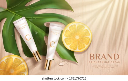 3d illustration of beauty product ad, concept of natural skincare, tube mock-ups set on wooden table with sliced lemon and monstera