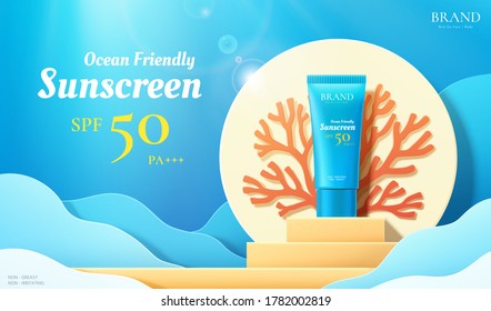 3d illustration of beauty product ad template, sunscreen mock-up on podium with coral and ocean wave background, ocean friendly concept