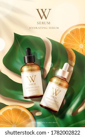 3d illustration of beauty product ad template, serum mock-up laid on large monstera leaf with sliced citrus fruit, concept of summer skincare