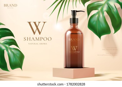 3d illustration of beauty product ad template, shampoo mock-up set on cube podium with monstera and tropical leaves, concept of luxury skincare