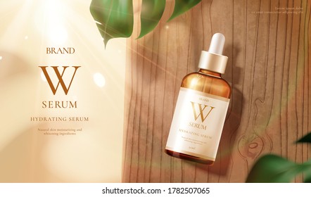 3d illustration of beauty product ad template, serum mock-up laid on wooden table with monstera and sun halo, concept of luxury skincare