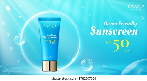 3d illustration of beauty product ad template, sunscreen mock-up surrounded by sun halo on ocean blue background, ocean friendly concept