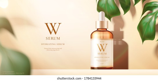3d illustration of beauty product ad template, serum mock-up on monstera background, concept of luxury skincare