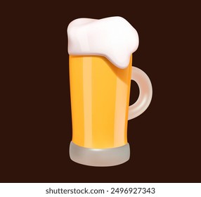 3D illustration of a beer mug filled with golden beer and topped with frothy foam, against a dark background. Icon isolated.