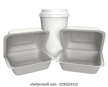 3D illustration -    beverage with hamburger packaging and open lids.