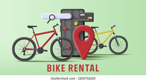 3d illustration bicycle rental service mobile application, smartphone card payment