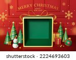3D Illustration of a big dissected green giftbox with some party hats and xmas decorations on the floor in front of a red door 