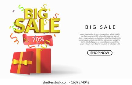 3d illustration big sale banner template promotion with gift, banner, conffeti with white background