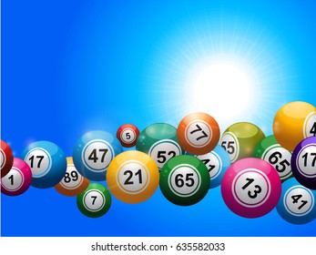 3D Illustration of Bingo Balls Floating Over a Blue Sunny Sky Background