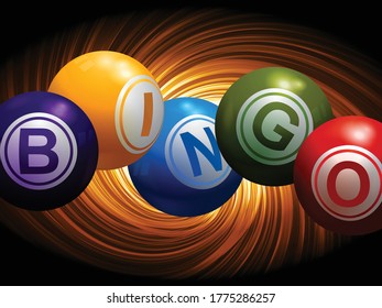 3D Illustration Of Bingo Balls Spelling The Word Bingo Over Abstract Yellow Florescent Swirl On Black Background