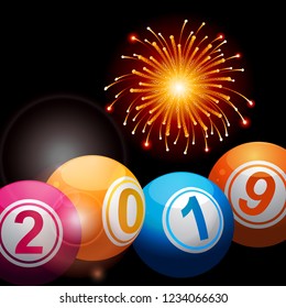 3D Illustration of Bingo Lottery Balls with 2019 New Years Numbers Over Black Background with Fireworks