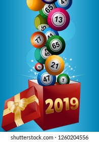 3D Illustration of Bingo Lottery Balls Popping Out From a Red Gift Box with 2019 in Numbers and Ribbons and Bow Over Blue Background