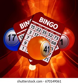 3D Illustration of Bingo Lottery Balls and Red Bingo Cards Over Glowing Backgrounds