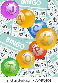 3D Illustration of Bingo Lottery Balls Composing The Word Jackpot Over Green Bingo Cards Portrait Background