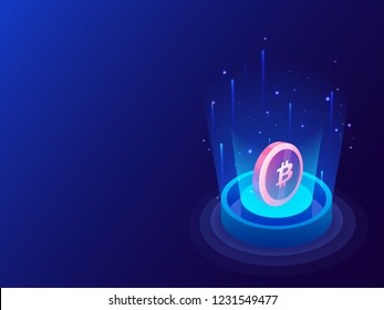 3D illustration of bitcoin between emerging digital rays on glossy blue background for crypto mining concept based isometric design.