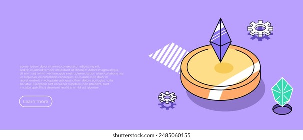 3D illustration of bitcoin between emerging digital rays on glossy blue background for crypto mining concept based isometric design. Cryptocurrency Industry.
