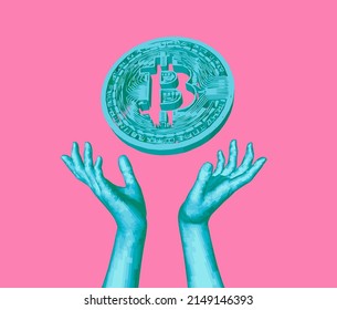 3D illustration of a bitcoin cryptocurrency coin and hands holding it.