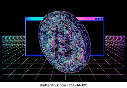 Ilustración 3D de una moneda de criptodivisa de bitcoin en estilo futurista retroondulado.