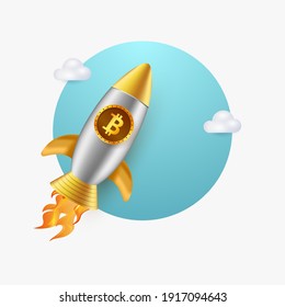 3D Illustration Of Bitcoin Rocket Flying With Clouds On White Background.