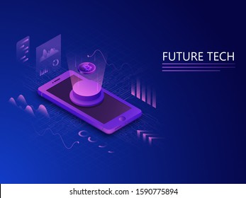 3D illustration of Bitcoin Server on Smartphone Display and Infographic Multiple Screen on Circuit Blue Background for Future Technology Concept.