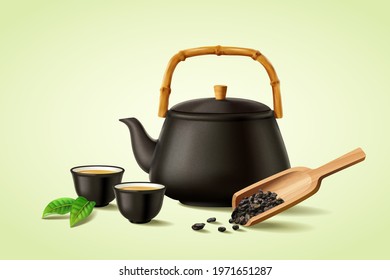 3d illustration of black ceramic teapot, teacups and wooden scoop with dried loose tea leaves. Asian tea ceremony elements isolated on green background.