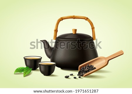 3d illustration of black ceramic teapot, teacups and wooden scoop with dried loose tea leaves. Asian tea ceremony elements isolated on green background.