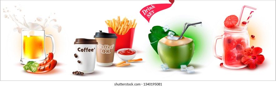3d illustration of black Coffee Cup.Cappuccino.Latte.3d.Summer Drinks.Transparent Glass with Beer, Sausages and Hops.Coconut with Cocktail.Cherry.Lemonade with Drinking Straw.