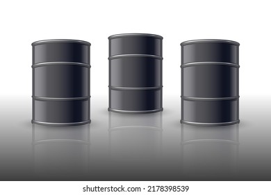 3D Illustration Of Black Metal Oil Barrels, Industrial Concept.